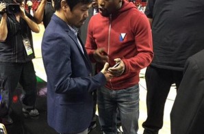 Floyd Mayweather & Manny Pacquiao Exchange Numbers At The Bucks vs. Heat Game In Miami (Photos)