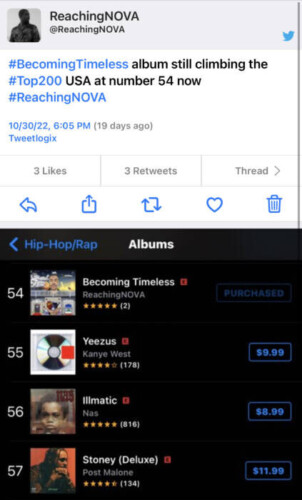 ReachingNOVA-album-charts-image-302x500 ReachingNOVA’s seminal album, BECOMING TIMELESS, has peaked at #54 in the USA's Top 200 Hip Hop tracks.  